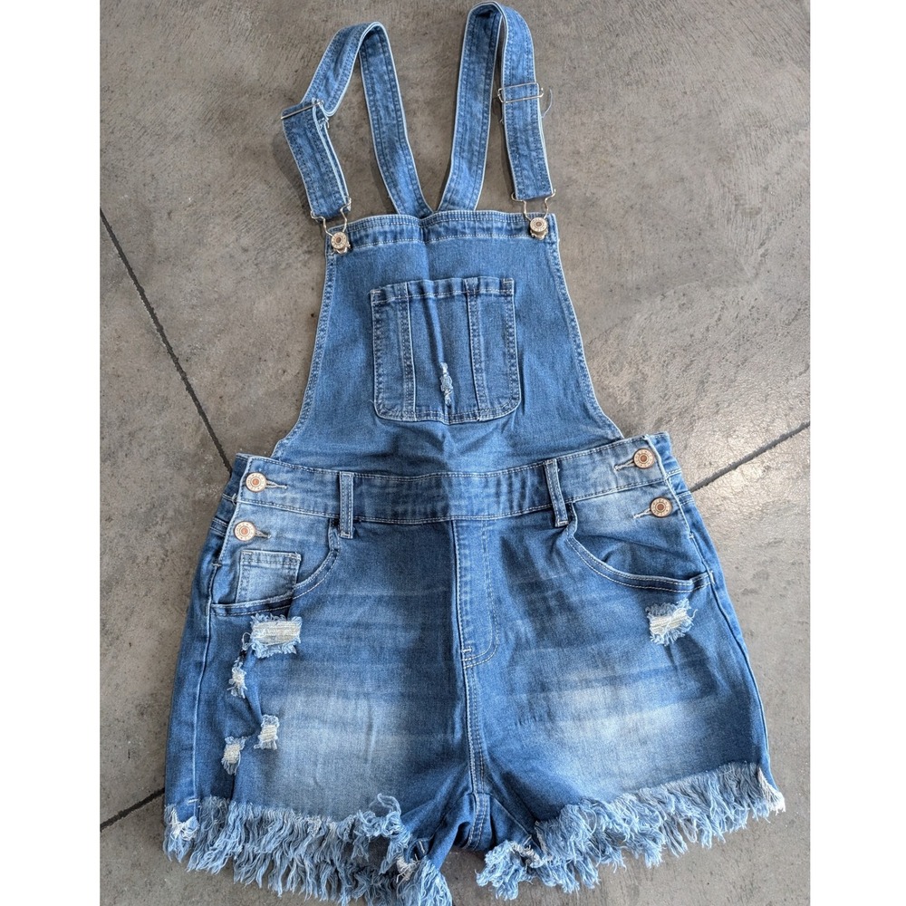 Luvamia Girls Denim Distressed Frayed Hem Overalls Blue Jean‎ Shorts Size M